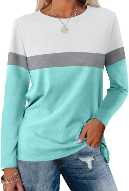 Women Long Sleeve Color Block Tunics Tops Round Neck Shirts Casual Blouses