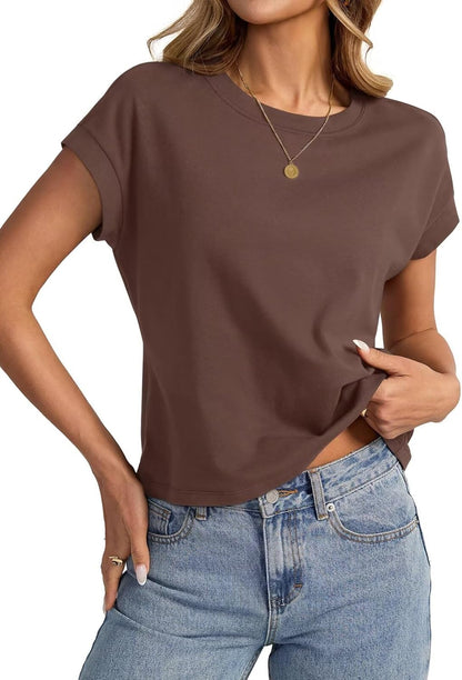 Womens Cap Sleeve Crop Tops Cotton T Shirts