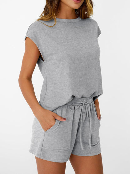 Womens Crew Neck Two Piece short Sets Cap Sleeve Drawstring Sweatsuit with Pocket