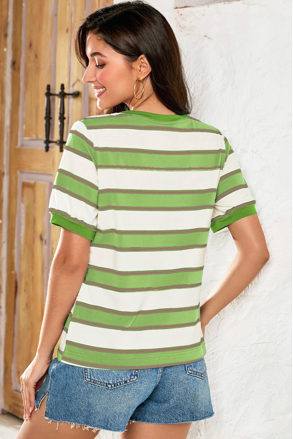 Striped Color Block Short Sleeve T-Shirts Crewneck Casual Loose Basic Tee Blouses