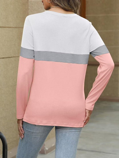 Women Long Sleeve Color Block Tunics Tops Round Neck Shirts Casual Blouses