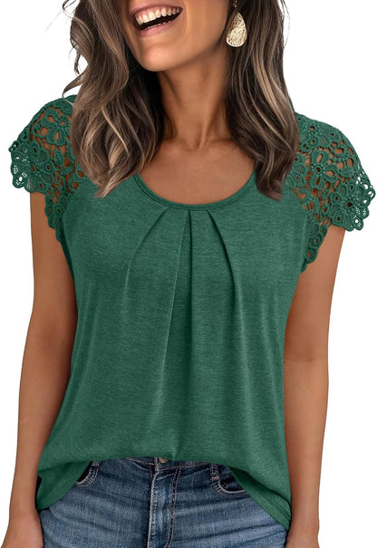 Womens Lace Tops Pleated Short Sleeve Shirts Summer