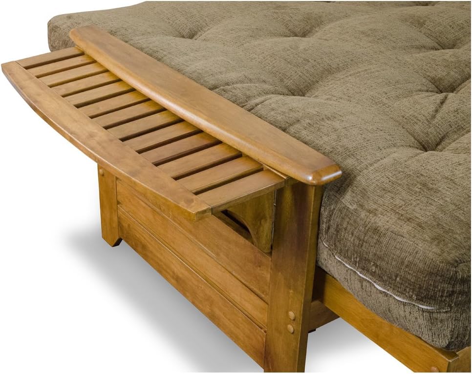 Full Size Wood Futon Frame with Tray Arms and Drawers