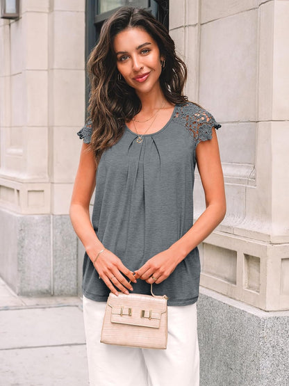 Womens Lace Tops Pleated Short Sleeve Shirts Summer