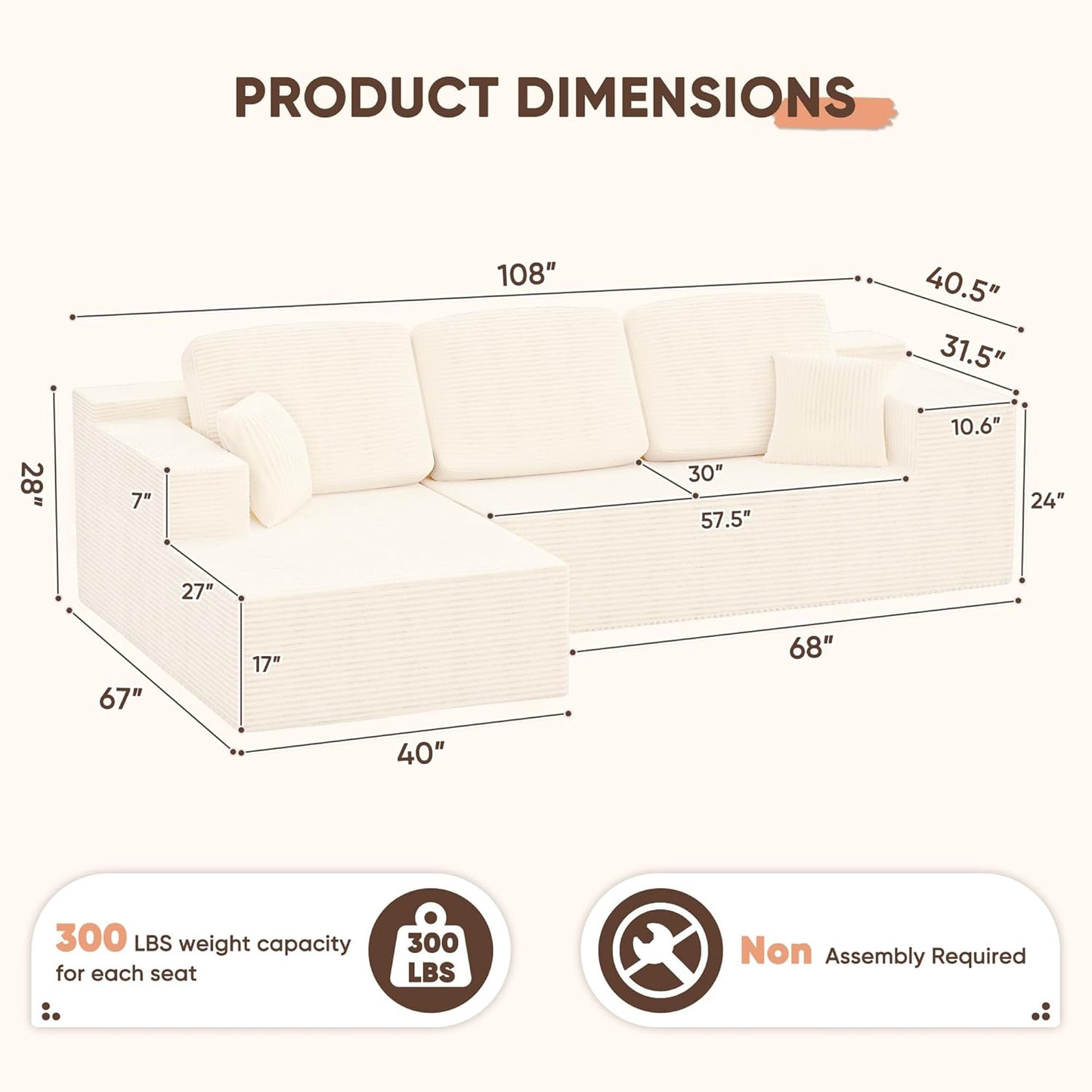 108" Modular Sectional Sofa Boneless Couch with L-Shape Chaise