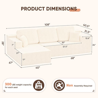 108" Modular Sectional Sofa Boneless Couch with L-Shape Chaise