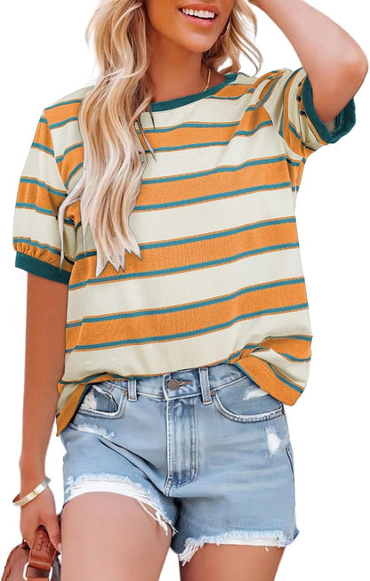 Womens Tops Cotton Casual Color Block Striped Short Sleeve Shirts Crewneck T Shirts