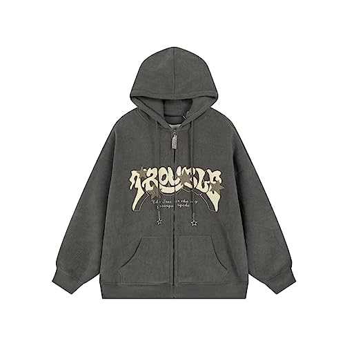 Y2K Zip Up Hoodie Letter Print Star Graphic Grunge Hooded Corduroy Sweatshirt