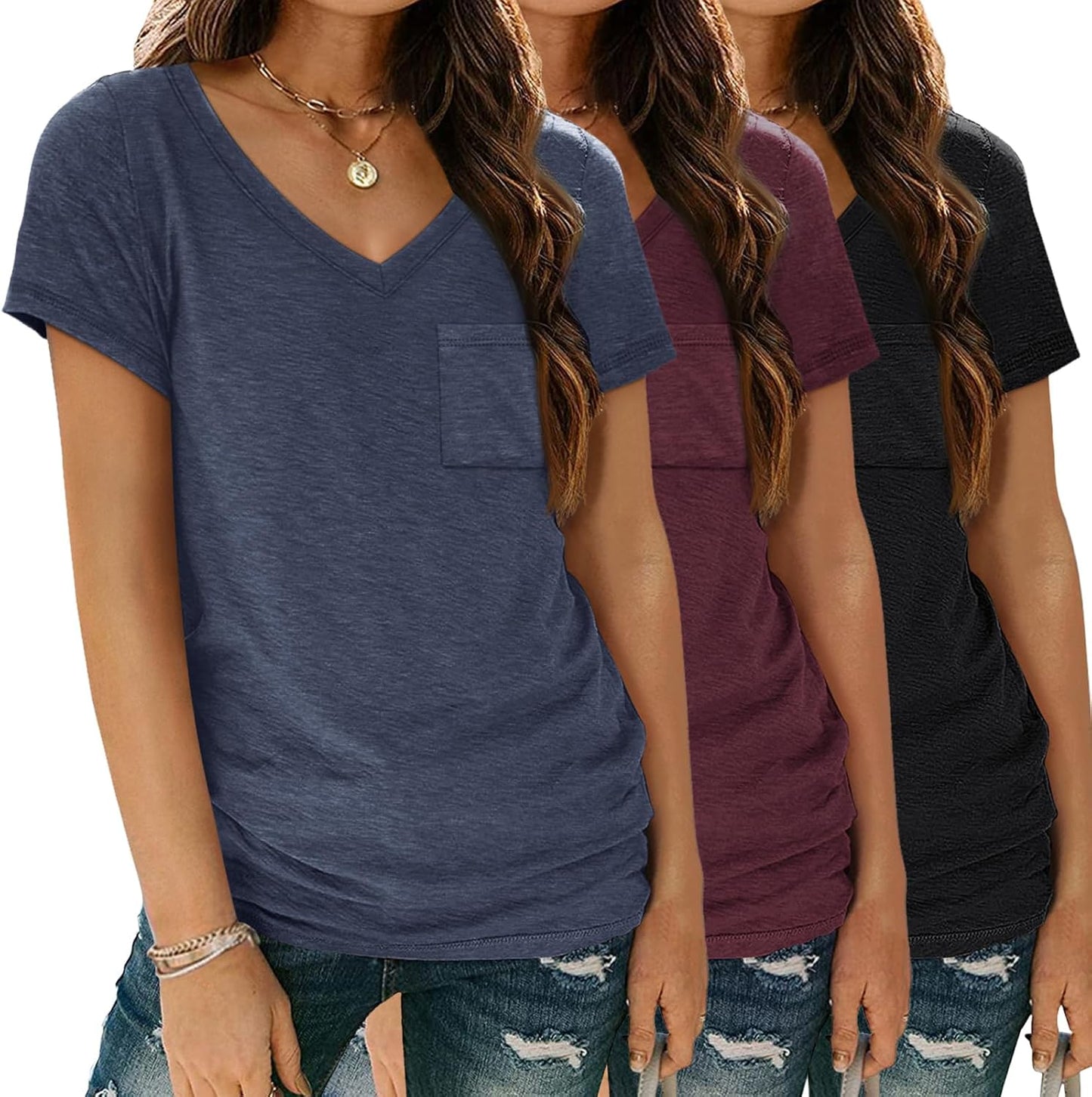 3 Pack Womens V Neck T Shirts Short Sleeve Tees