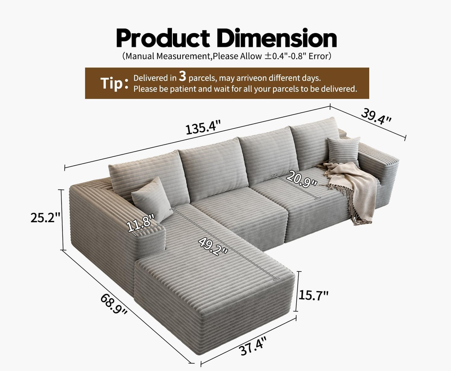 107.5" Cloud Modular Sectional Sofa with 1 Ottoman