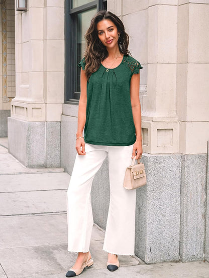 Womens Lace Tops Pleated Short Sleeve Shirts Summer