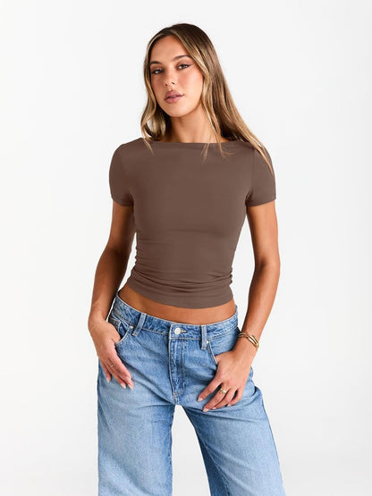 Womens Boat Neck Tops Short Sleeve T-Shirts