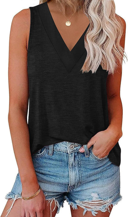 Womens V Neck Tank Tops Summer Sleeveless Tunic Casual Basic True Classic Tees
