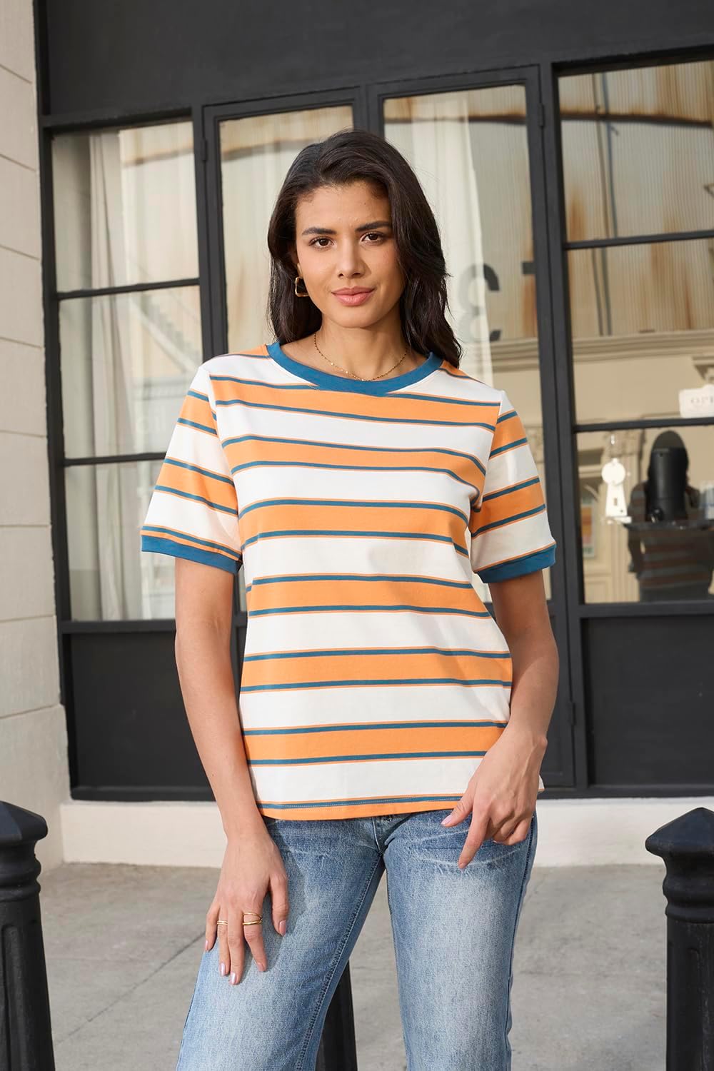 Womens Tops Cotton Casual Color Block Striped Short Sleeve Shirts Crewneck T Shirts