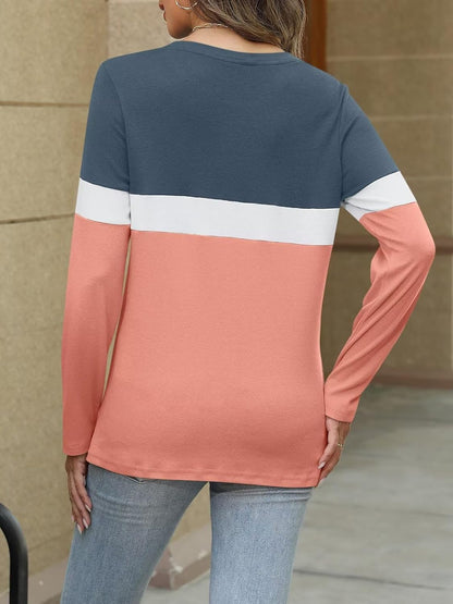 Women Long Sleeve Color Block Tunics Tops Round Neck Shirts Casual Blouses