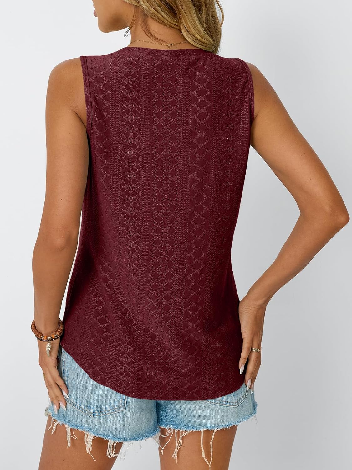 Womens Summer Tank Top Eyelet Embroidery V Neck Sleeveless Loose Fit Casual Shirt