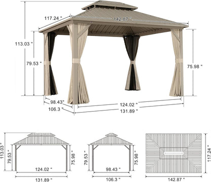 12x20ft Hardtop Gazebo Aluminum Frame Steel Roof Curtains Netting