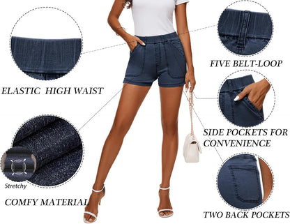 Womens Jean Shorts High Waisted Summer Cotton Elastic Waist Denim Shorts with Pockets