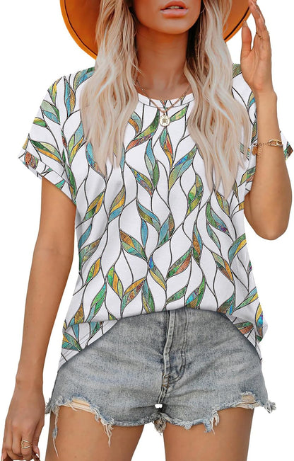 Womens T Shirts Crew Neck Rolled Short Sleeve Basic Summer Tees Curved Hem