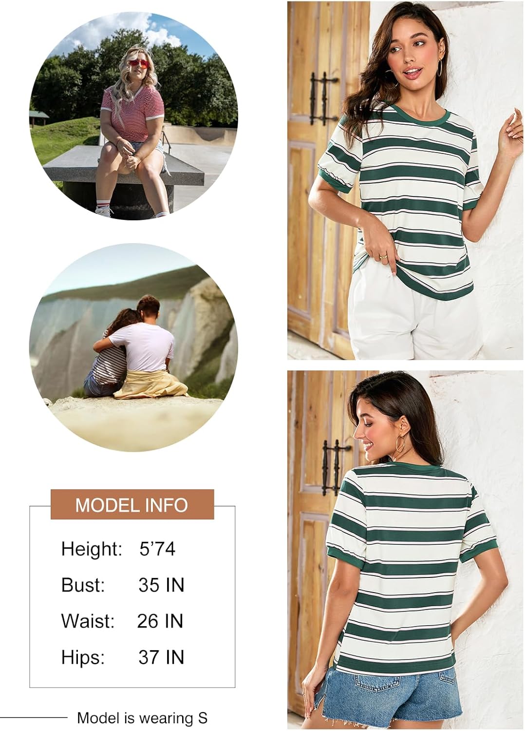 Striped Color Block Short Sleeve T-Shirts Crewneck Casual Loose Basic Tee Blouses