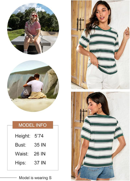 Striped Color Block Short Sleeve T-Shirts Crewneck Casual Loose Basic Tee Blouses