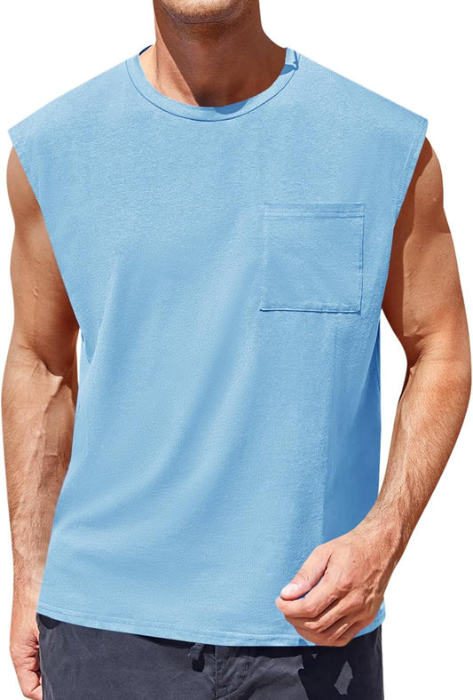 Mens Sleeveless Tank Tops Workout Cut Off Shirts Muscle Gym T Shirts with Pocket