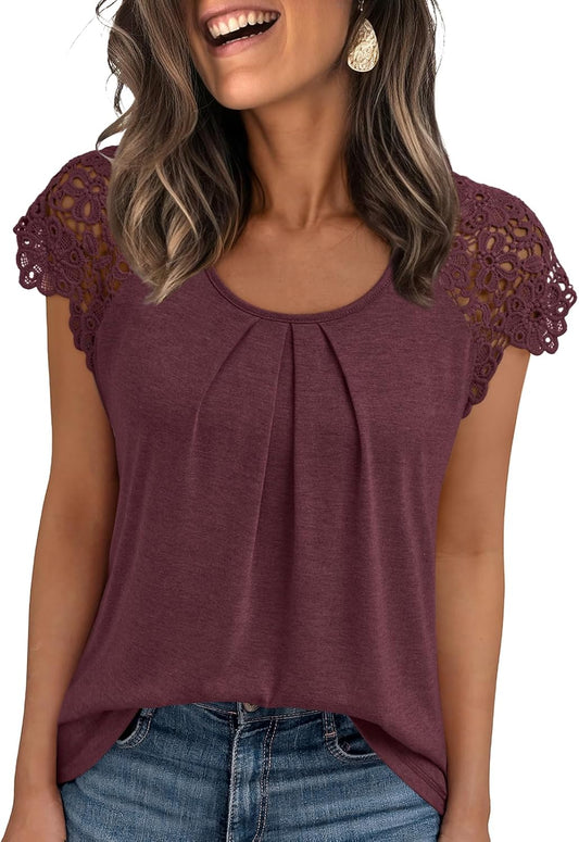 Womens Lace Tops Pleated Short Sleeve Shirts Summer