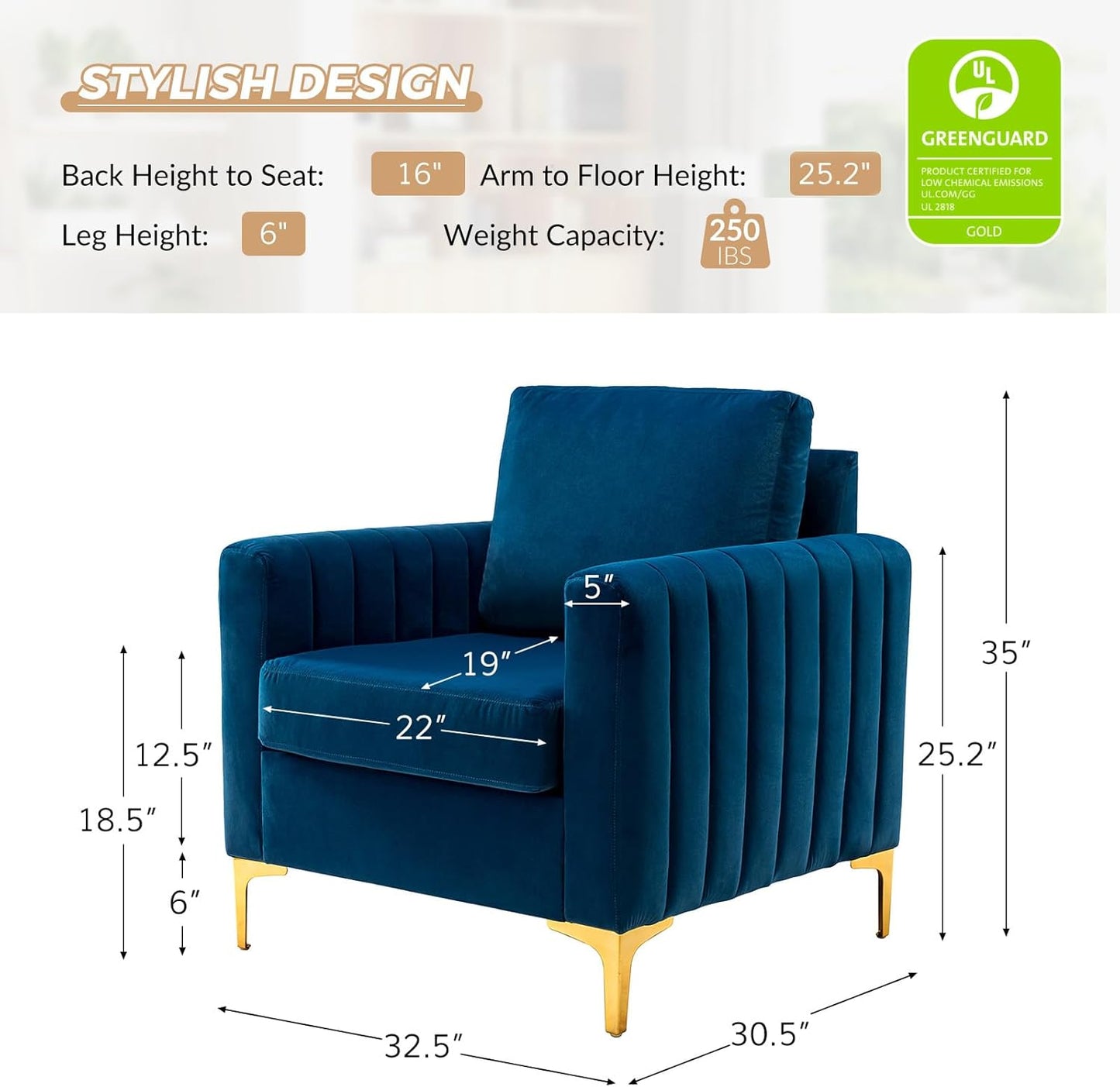 HULALA HOME Velvet Accent Club Chairs Set of 2