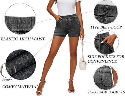 Womens Jean Shorts High Waisted Summer Cotton Elastic Waist Denim Shorts with Pockets