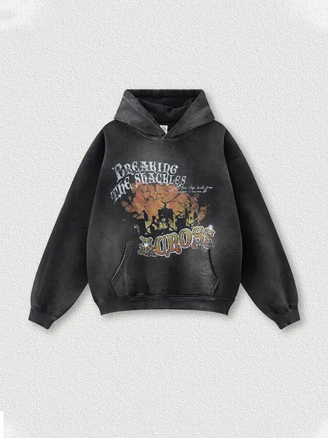 World Map Printed Wash Old Cotton Hoodie