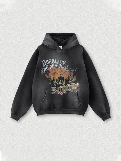 World Map Printed Wash Old Cotton Hoodie