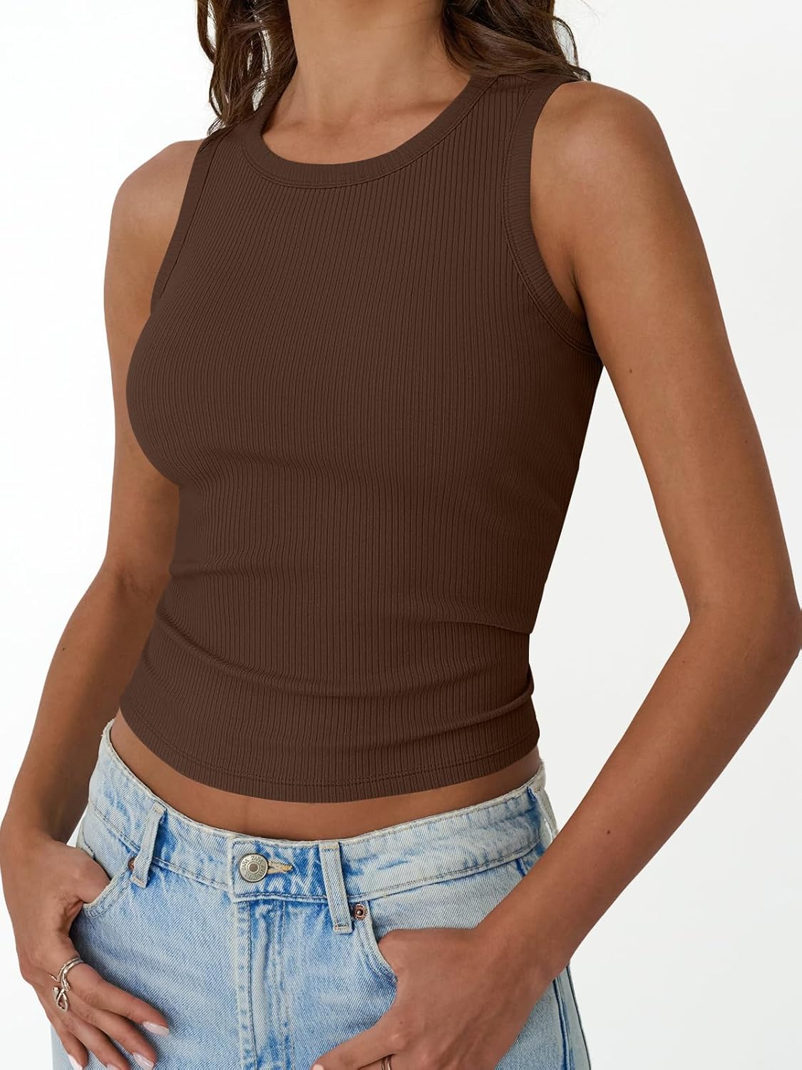 Womens Tank Tops Summer Workout Ribbed Sleeveless High Neck