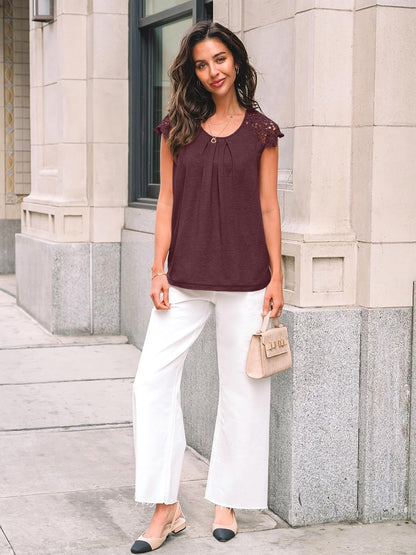 Womens Lace Tops Pleated Short Sleeve Shirts Summer