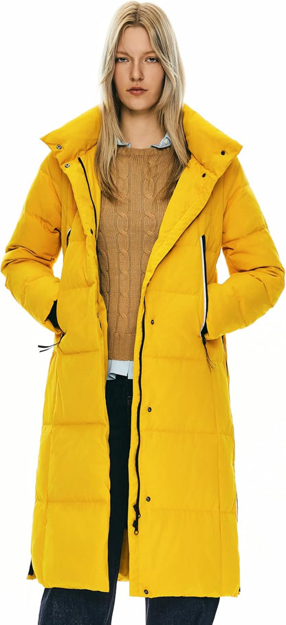 Womens Thickened Long Down Jacket Hooded Winter Puffer Coat with Side Zipper