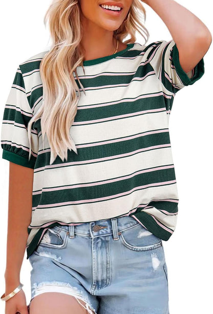 Womens Tops Cotton Casual Color Block Striped Short Sleeve Shirts Crewneck T Shirts