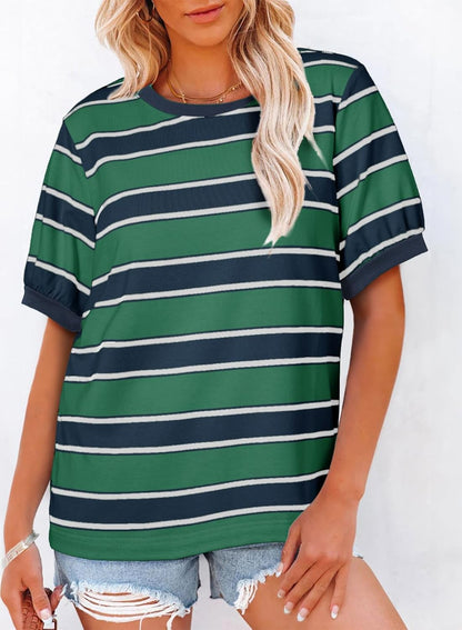 Striped Color Block Short Sleeve T-Shirts Crewneck Casual Loose Basic Tee Blouses