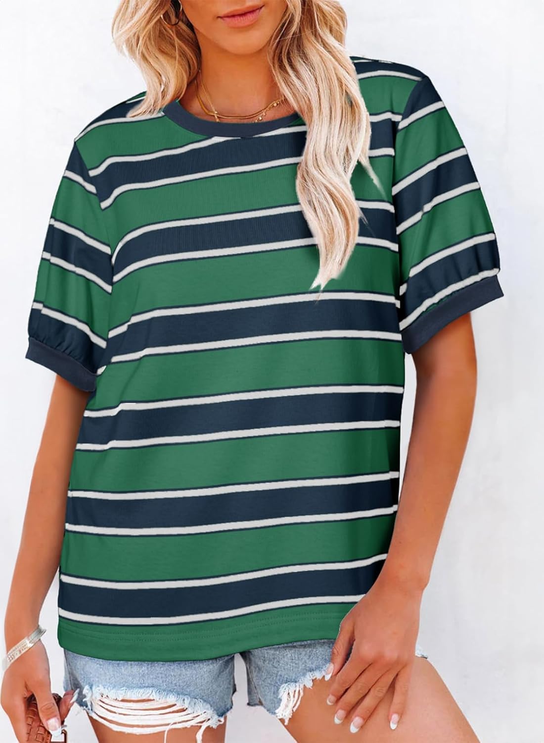 Striped Color Block Short Sleeve T-Shirts Crewneck Casual Loose Basic Tee Blouses