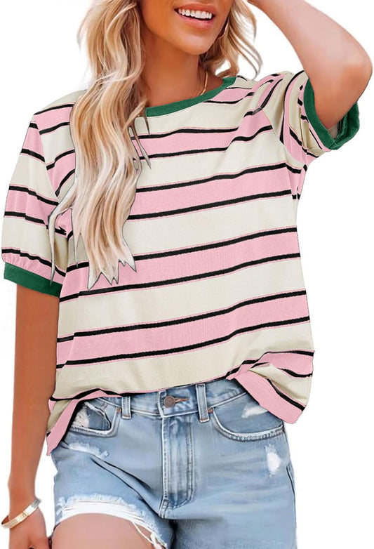 Striped Color Block Short Sleeve T-Shirts Crewneck Casual Loose Basic Tee Blouses