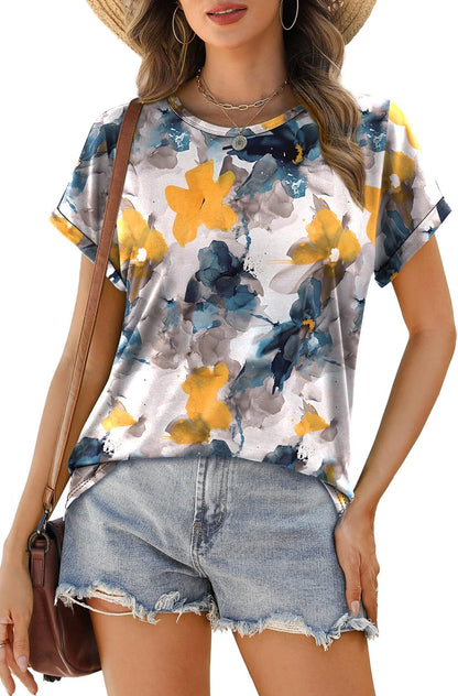 Womens T Shirts Crew Neck Rolled Short Sleeve Basic Summer Tees Curved Hem