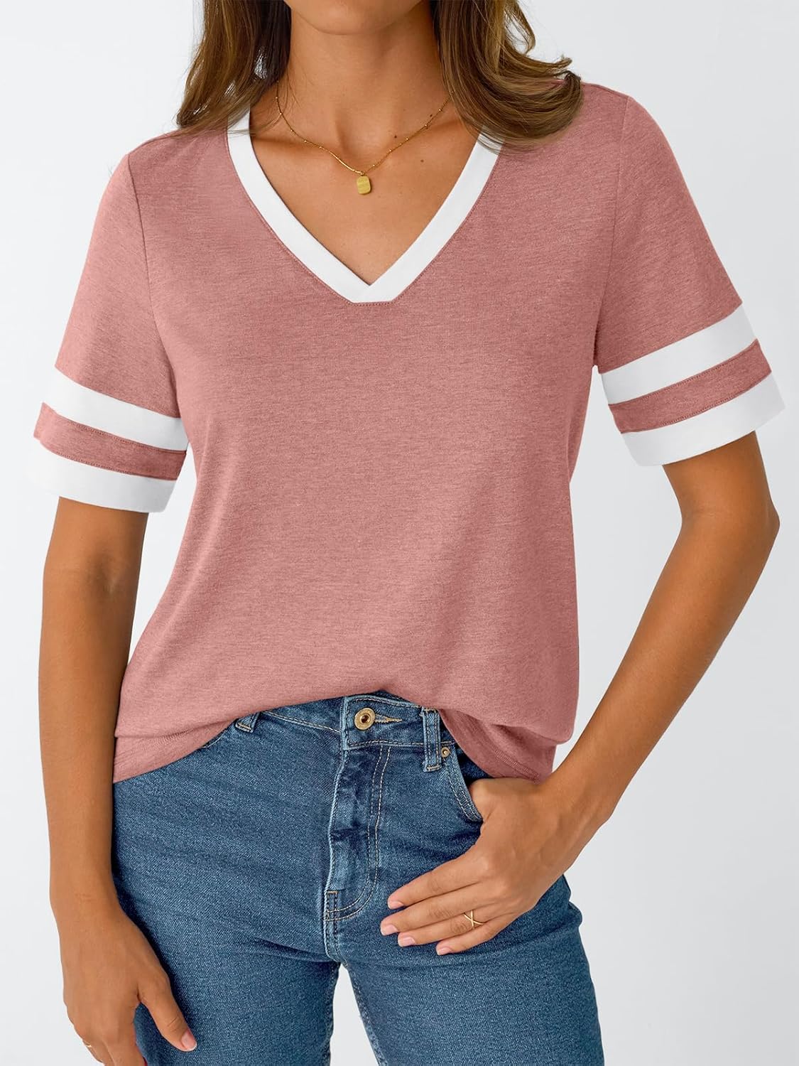 Women's Short Sleeve V Neck T Shirts Trendy Casual Spring Tops