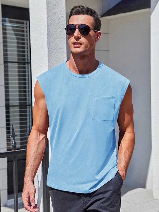 Mens Sleeveless Tank Tops Workout Cut Off Shirts Muscle Gym T Shirts with Pocket