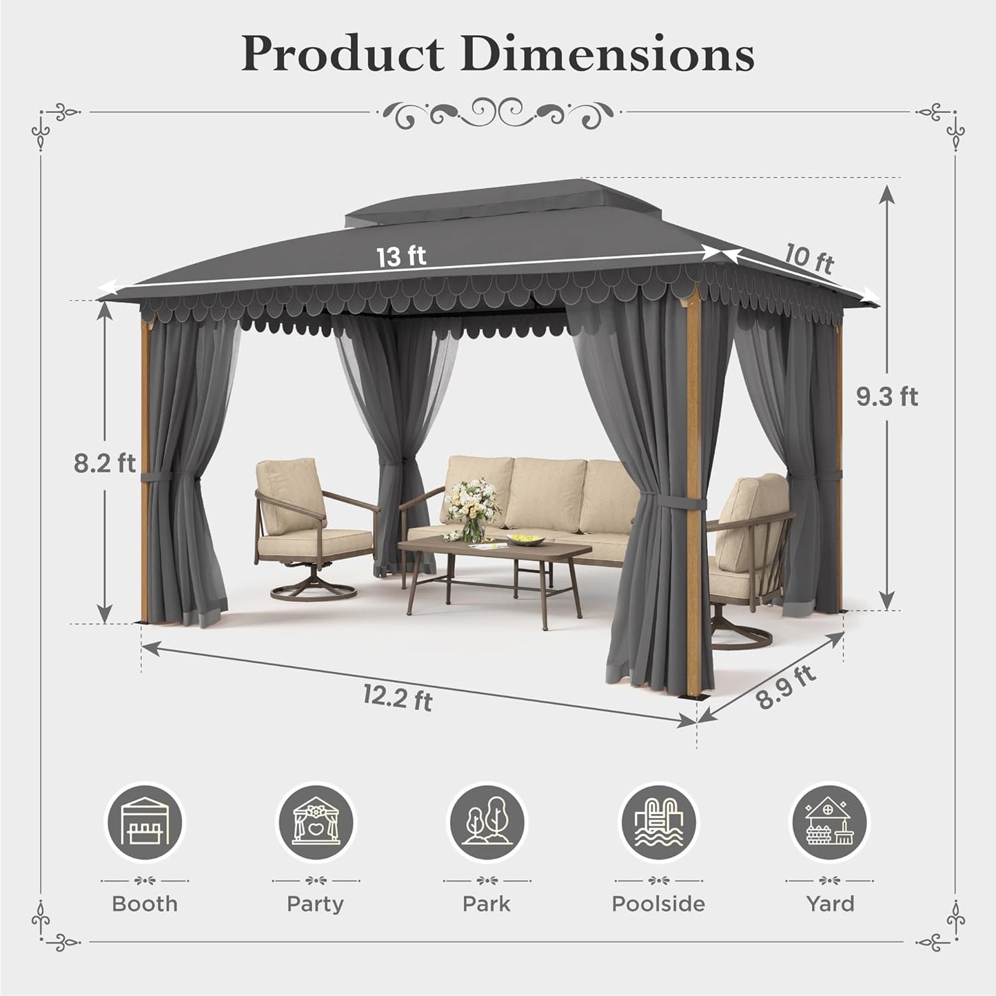 10x13 Outdoor with Screened Double Roof Heavy-Duty Patio Canopy Tent Dark Blue