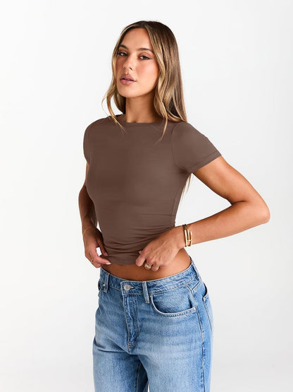 Womens Boat Neck Tops Short Sleeve T-Shirts Slim Fitted Compression