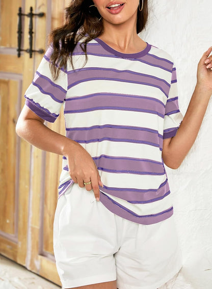 Striped Color Block Short Sleeve T-Shirts Crewneck Casual Loose Basic Tee Blouses