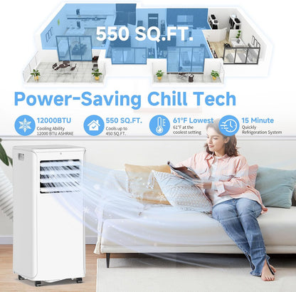 12000 BTU Portable Air Conditioner 3 in 1 AC Dehumidifier Fan with Timer Remote for Rooms