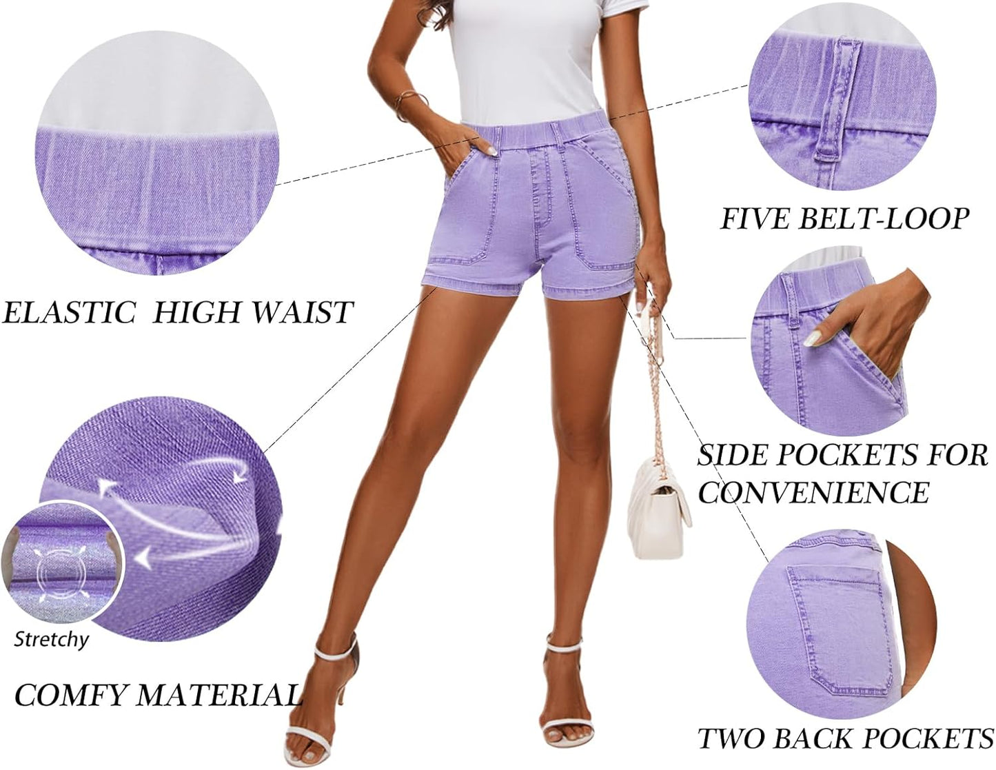 Womens Jean Shorts High Waisted Summer Cotton Elastic Waist Denim Shorts with Pockets