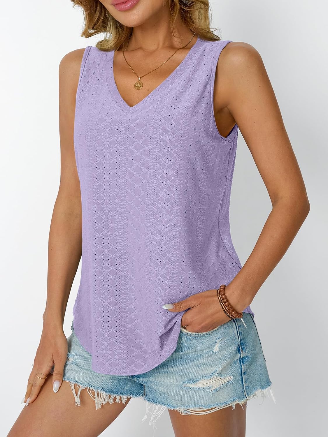 Womens Summer Tank Top Eyelet Embroidery V Neck Sleeveless Loose Fit Casual Shirt