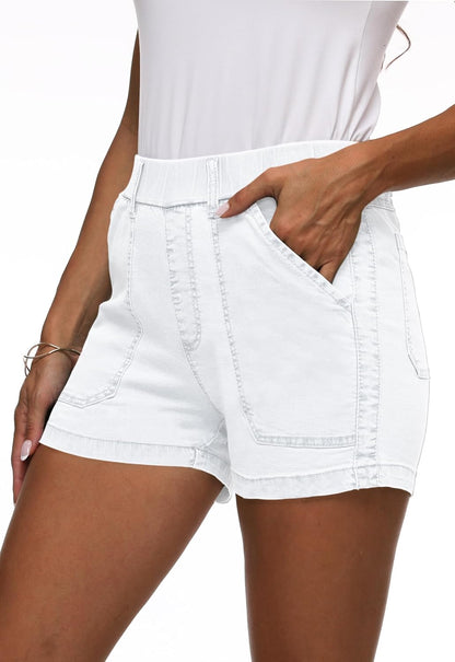 Womens Jean Shorts High Waisted Summer Cotton Elastic Waist Denim Shorts with Pockets