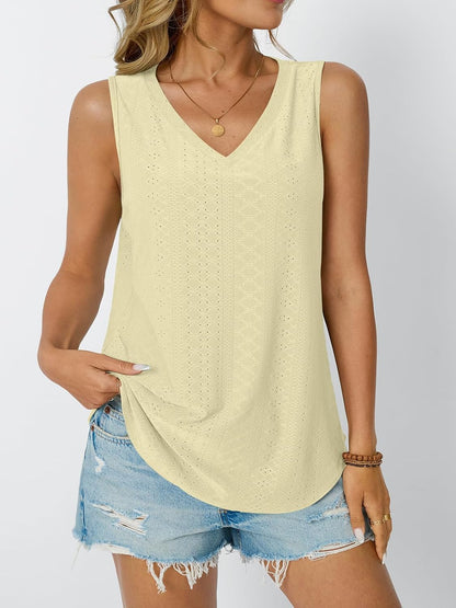 Womens Summer Tank Top Eyelet Embroidery V Neck Sleeveless Loose Fit Casual Shirt