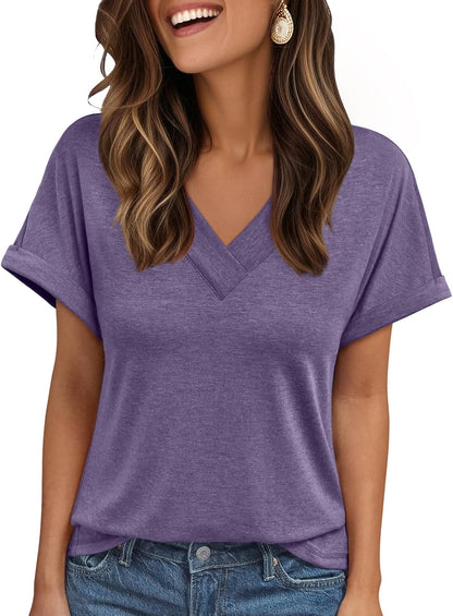 Womens Tops Short Sleeve T Shirt Summer V Neck Casual Top